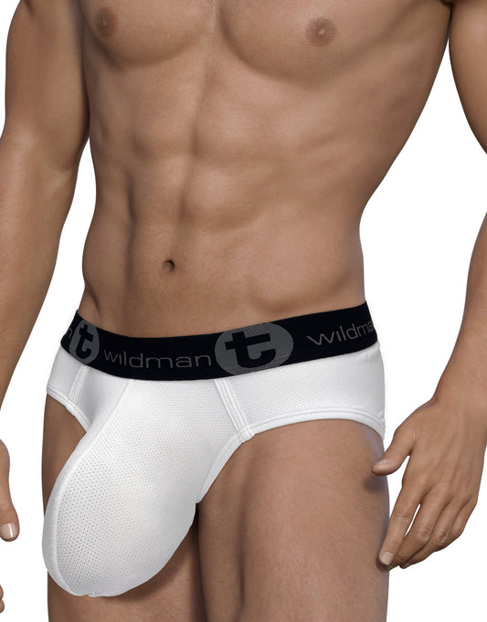 White mesh briefs with black elastic waistband featuring wildman logo from wildmant mesh monster cock brief white collection