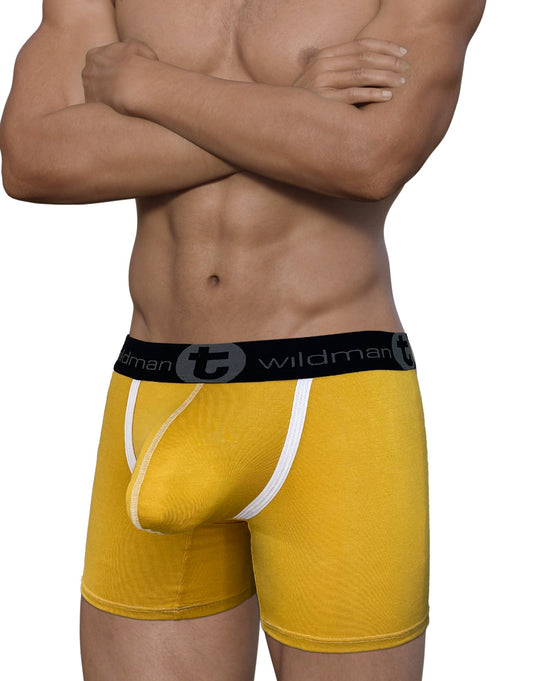 WildmanT modal big boy pouch boxer briefs in gold with white trim and black waistband featuring wildman logo