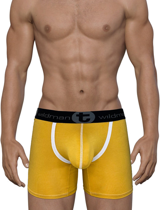 Yellow wildman modal big boy pouch boxer briefs with white trim and black waistband 5 inch inseam gold color