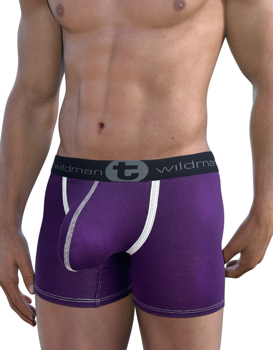 Wildmant modal big boy pouch 5 inch inseam boxer brief in purple with white trim and black waistband with logo