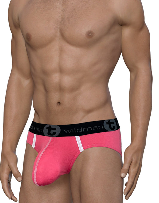 Bright pink wildmanT modal men’s briefs with black waistband, white side stripes, and big boy pouch for comfort