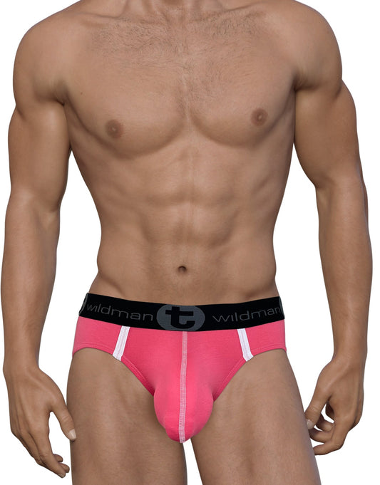 WildmanT modal big boy pouch brief pink men’s bright pink briefs with black waistband and white side stripes