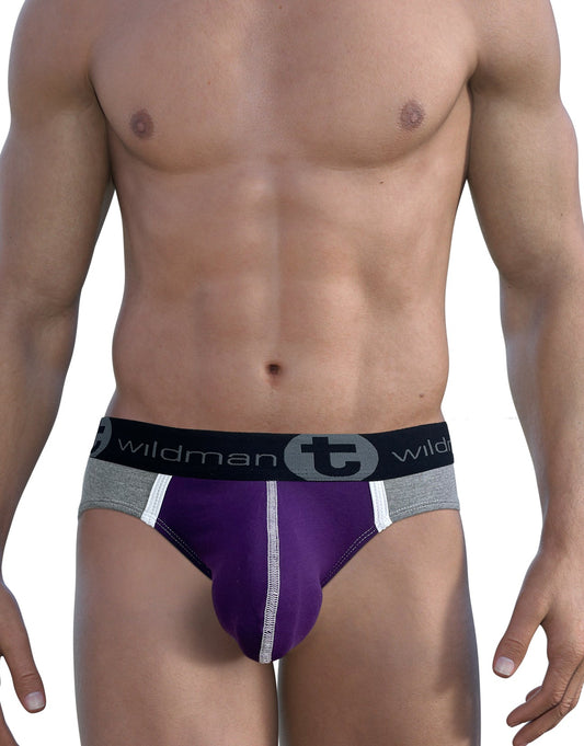 Wildmant modal big boy pouch brief purple athletic briefs with white trim black wildman waistband front view
