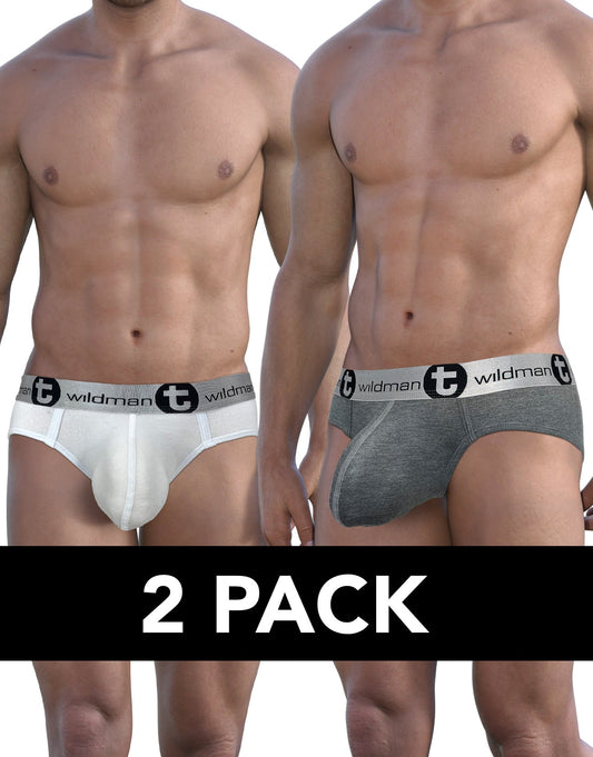 Wildmant modal big boy pouch briefs in white and heather gray with branded elastic waistbands 2-pack