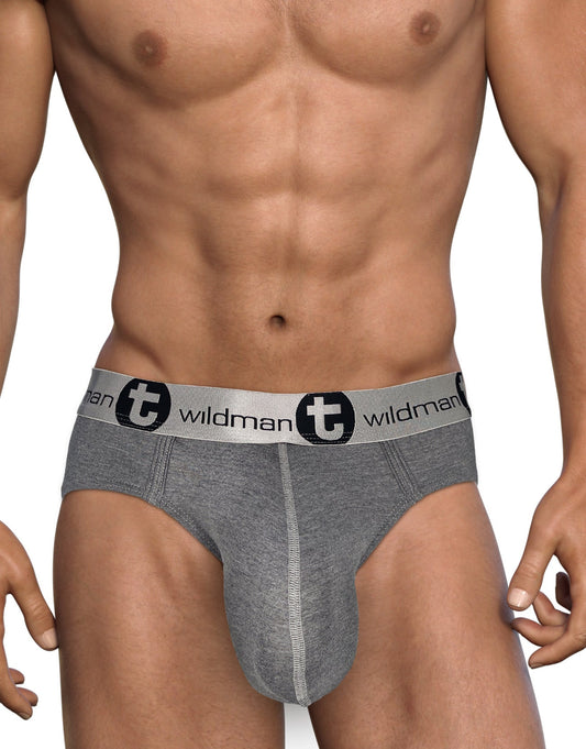 Gray heathered modal briefs with white elastic waistband featuring wildman logo and black circular emblem