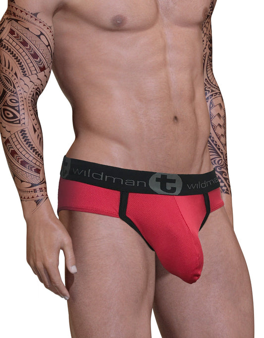 WildmanT red and black men’s briefs with textured fabric waistband featuring the brand logo and big boy pouch design