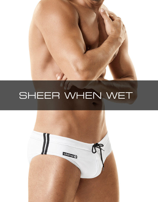 White men’s swim trunks with black side stripes and wildman drawstring waistband featuring ball lifter cock ring design