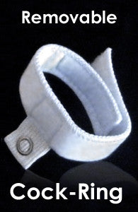 White fabric-coated WildmanT Sport bikini swim cock-ring with metal clasp featuring ball lifter for support