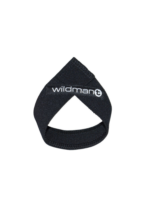 Black neoprene wrist support with wildman branding designed for lifting and heavy workout protection