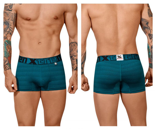 Teal textured mens boxer briefs with black xtreme branded waistband in geometric jacquard fabric color petrol