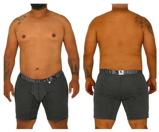Black and white striped men’s boxer briefs with branded waistband from Xtremen 70004 Plus collection