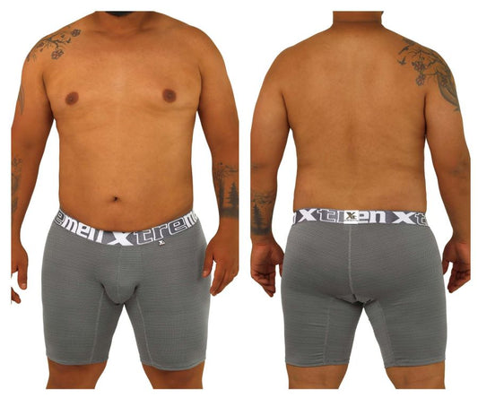 Gray textured men’s boxer briefs with white elastic waistband and xtreme brand logo xtremen 70005 plus model