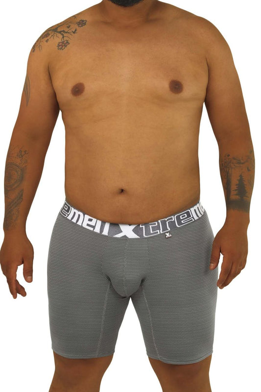 Gray textured men’s boxer briefs with white elastic waistband featuring xtreme logo in xtremen 70005 plus design