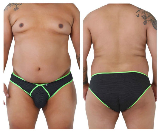 Xtremen 91021X black microfiber briefs with neon green trim and a small white logo on the front made of mesh