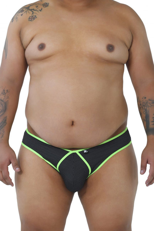 Xtremen 91021x black microfiber briefs with black mesh fabric neon green trim and white logo on front