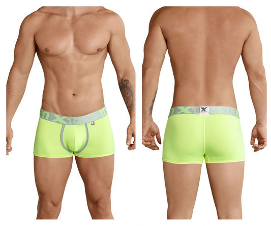 Bright neon green Xtremen 91028 piping boxer briefs with gray elastic waistband featuring x1 logo