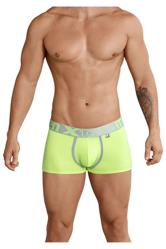 Neon green xtremen 91028 piping men’s boxer briefs with gray x-treme waistband and side brand emblem