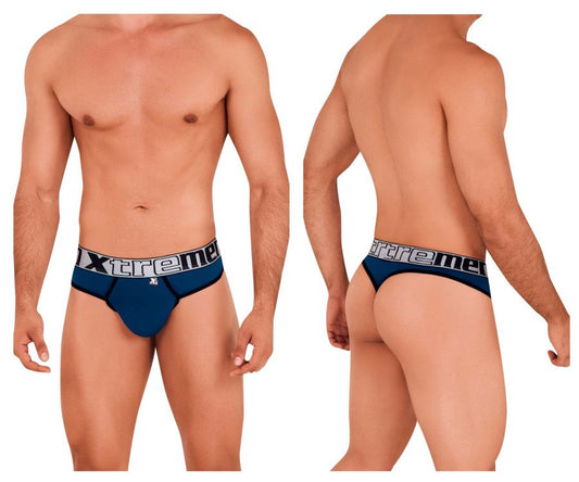 Navy blue men’s microfiber briefs with a black and white xtreme waistband logo in petrol color