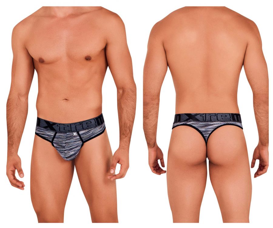 Xtremen 91100 microfiber mesh thongs in black with textured athletic design and black and gray pattern for men