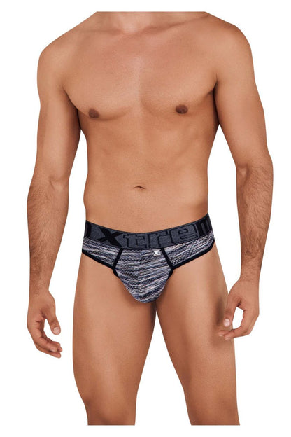 Black and gray patterned men’s briefs with textured woven microfiber mesh fabric from xtremen 91100 collection