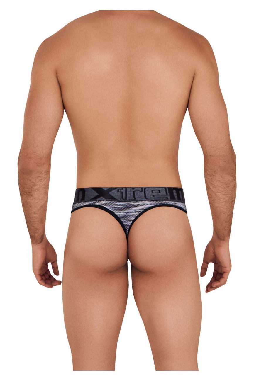 Black and gray patterned xtremen 91100 microfiber mesh men’s thong with bold xre logo on waistband front view