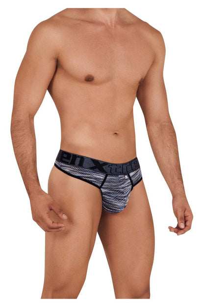 Black and gray patterned men’s microfiber mesh briefs with bold xtreme logo on the waistband