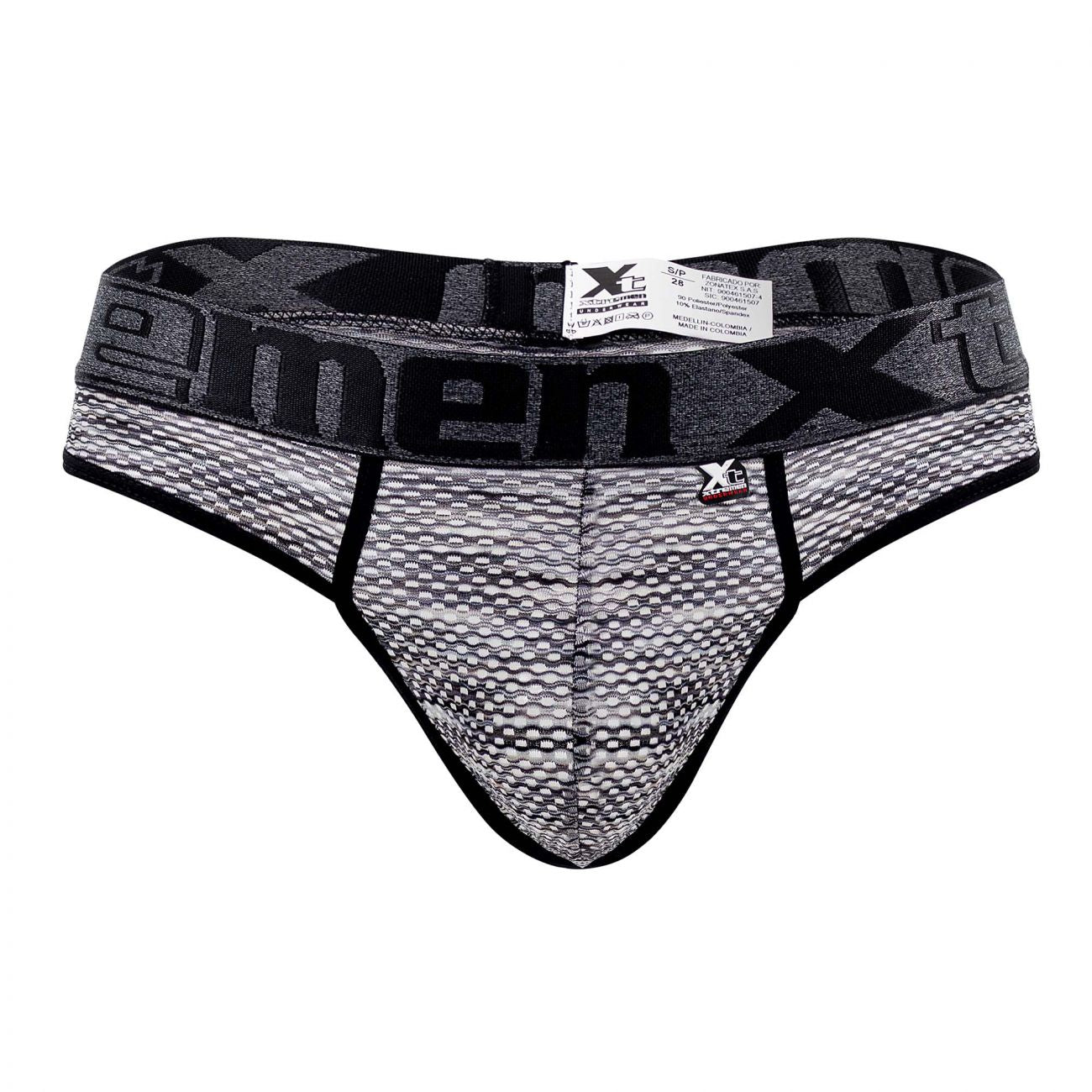 Black and gray patterned men’s briefs with textured microfiber mesh and bold xtremen branding on the waistband