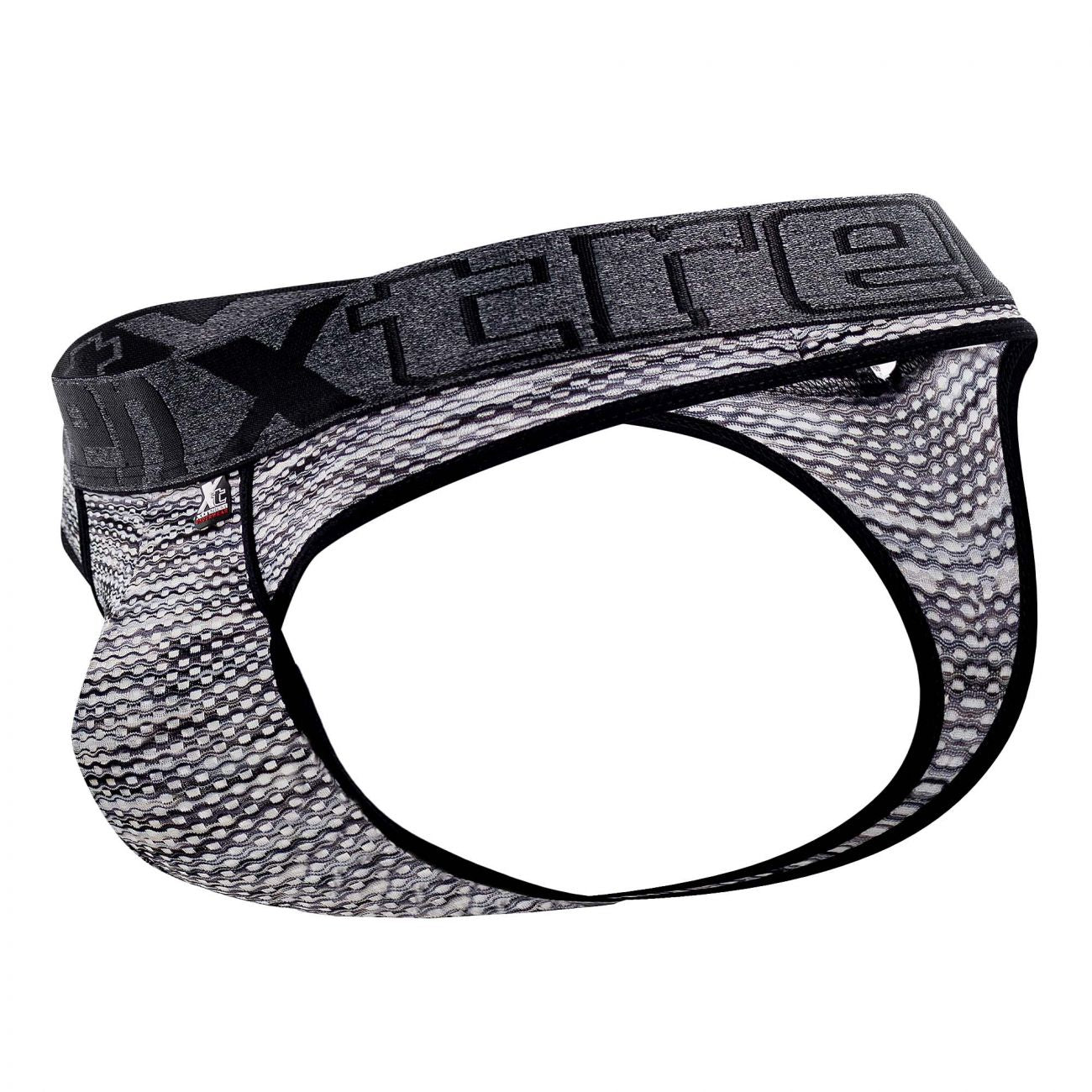 Black and gray patterned xtremen 91100 microfiber mesh briefs with textured mesh fabric design shown from the back side