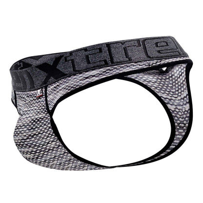 Black and gray patterned xtremen 91100 microfiber mesh briefs with textured mesh fabric design shown from the back side