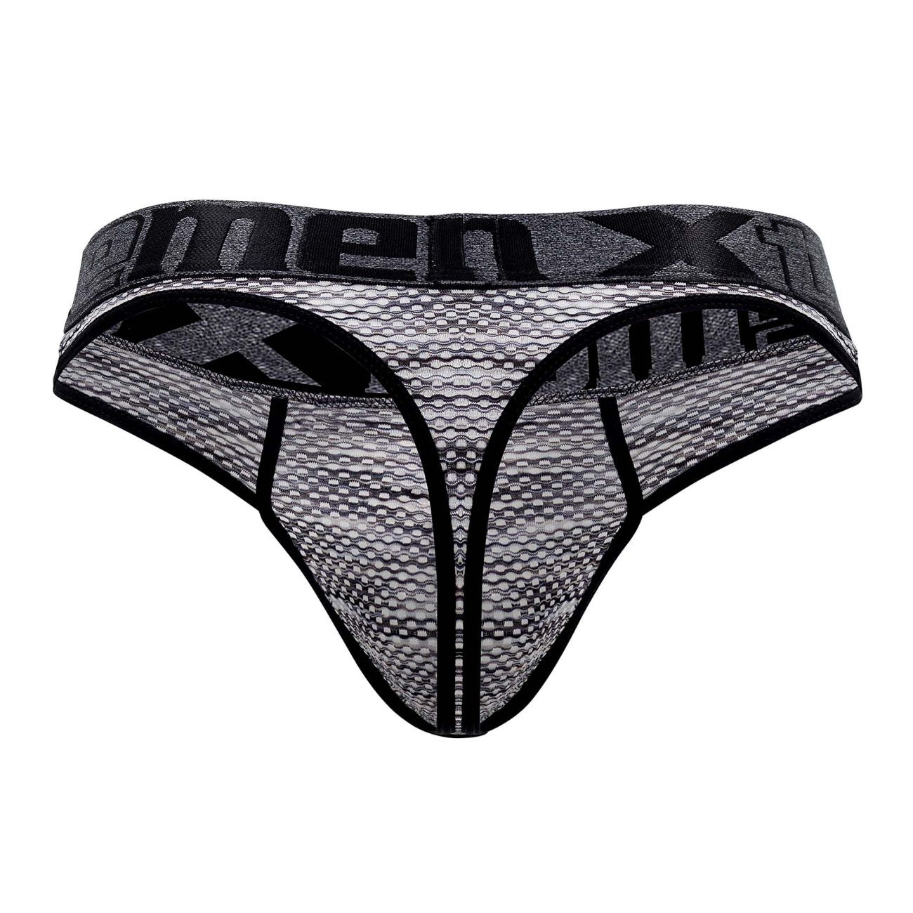 Black and gray microfiber mesh thong with bold menx logo band from Xtremen 91100 collection in black color
