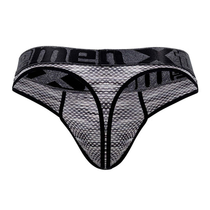 Black and gray microfiber mesh thong with bold menx logo band from Xtremen 91100 collection in black color