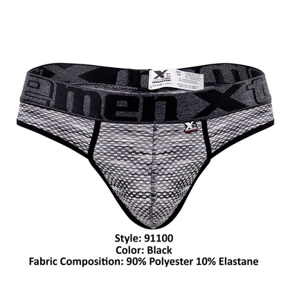 Black men’s briefs with textured gray and black microfiber mesh fabric and bold x-men waistband branding