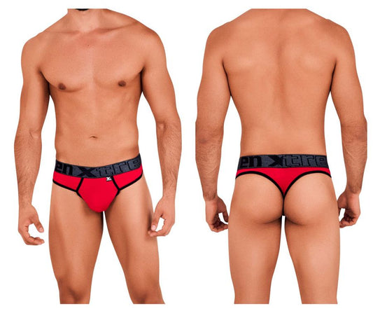 Red xtremen 91101 microfiber men’s briefs with black trim and branded waistband front view
