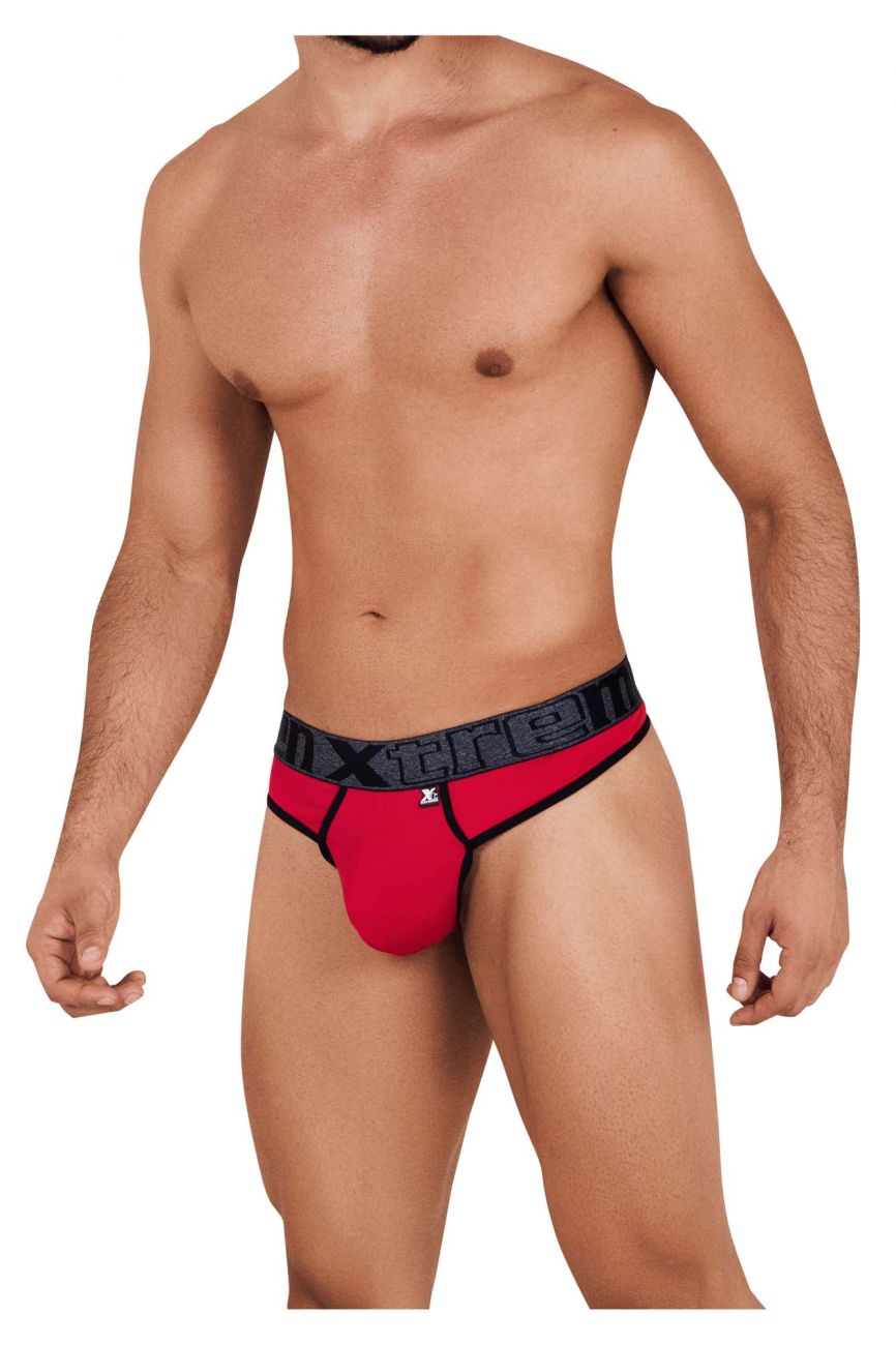 Red and black microfiber men’s briefs with a bold x-treme logo waistband from xtremen 91101 microfiber thongs collection