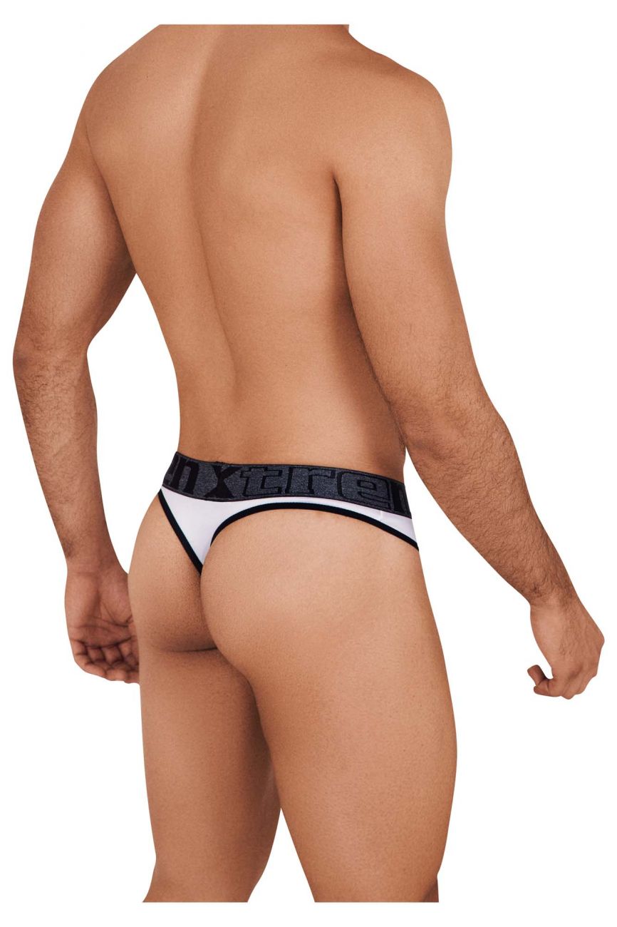 White and black microfiber thong with bold dark gray xtreme logo waistband from xtremen 91101 microfibers collection