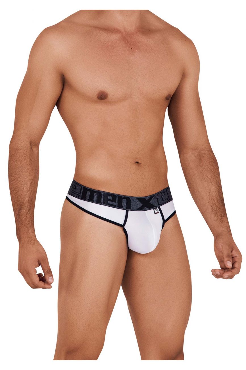 White xtremen 91101 microfiber men’s briefs with black elastic waistband and gray menx logo