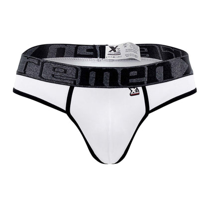 White xtremen 91101 microfiber thongs with black trim and gray branded waistband for men