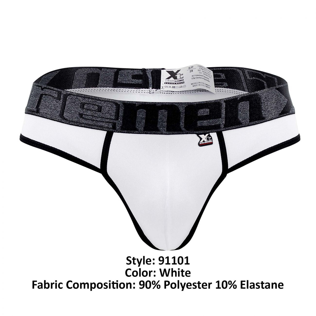 White xtremen 91101 microfiber thongs with a black and gray patterned waistband featuring the xtreme brand logo
