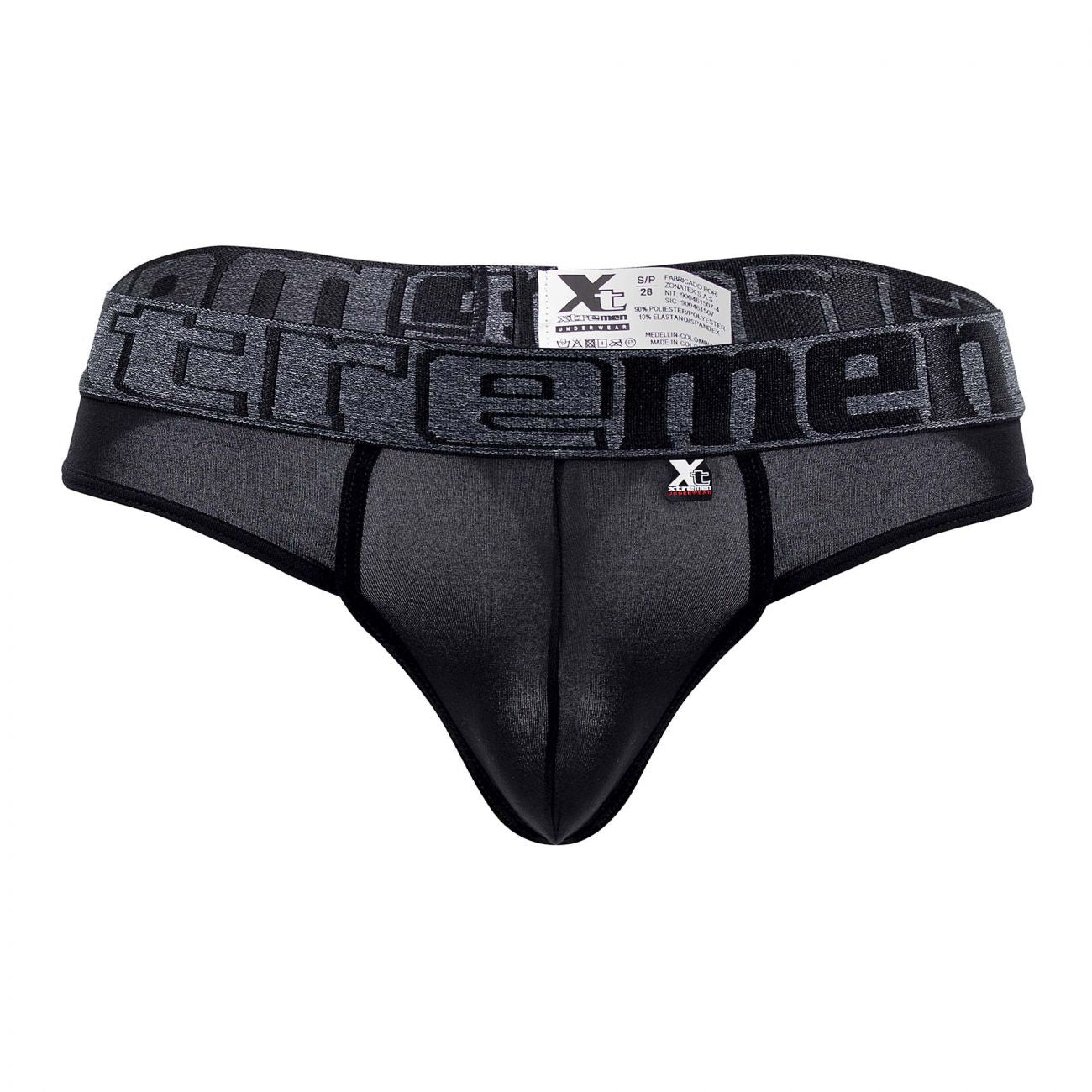 Black xtremen 91101x microfiber men’s thong with textured waistband featuring bold repeating brand name