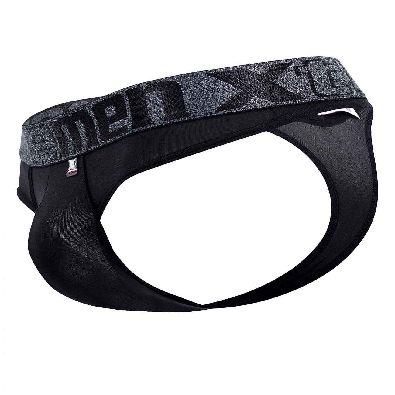 Black menxt xtremen 91101x microfiber thongs with gray textured waistband and menxt logo in black lettering