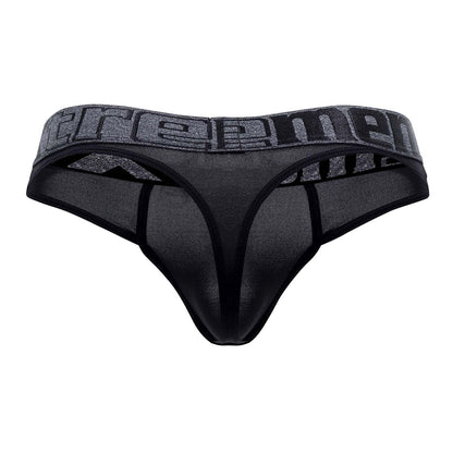 Black mesh microfiber thong with gray textured waistband featuring reem logo xtremen 91101x micro thong black
