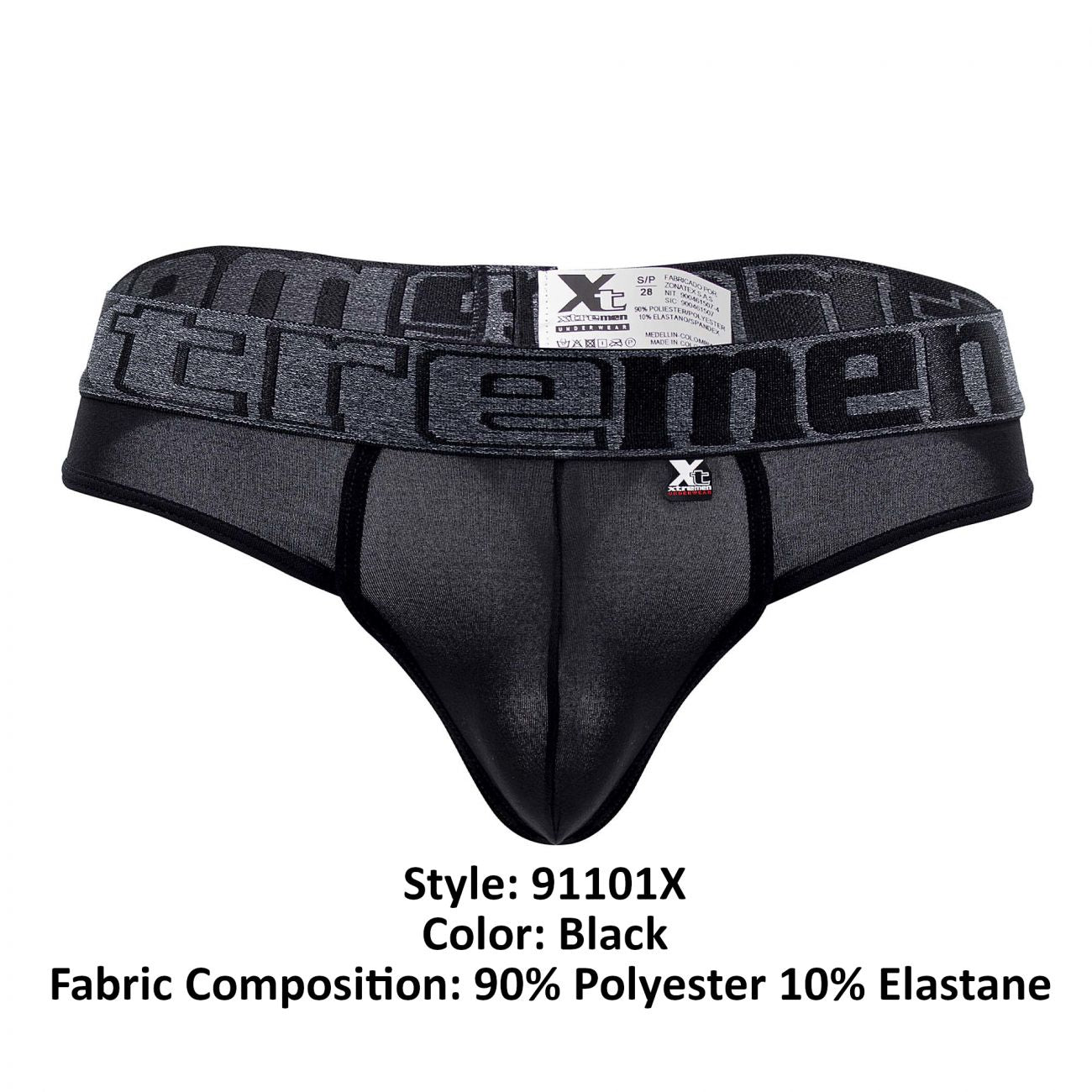 Black xtremen 91101x microfiber thongs with textured waistband and bold brand name lettering on front