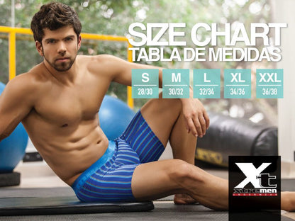 Blue striped men’s athletic briefs with solid blue waistband made from microfiber for performance wear