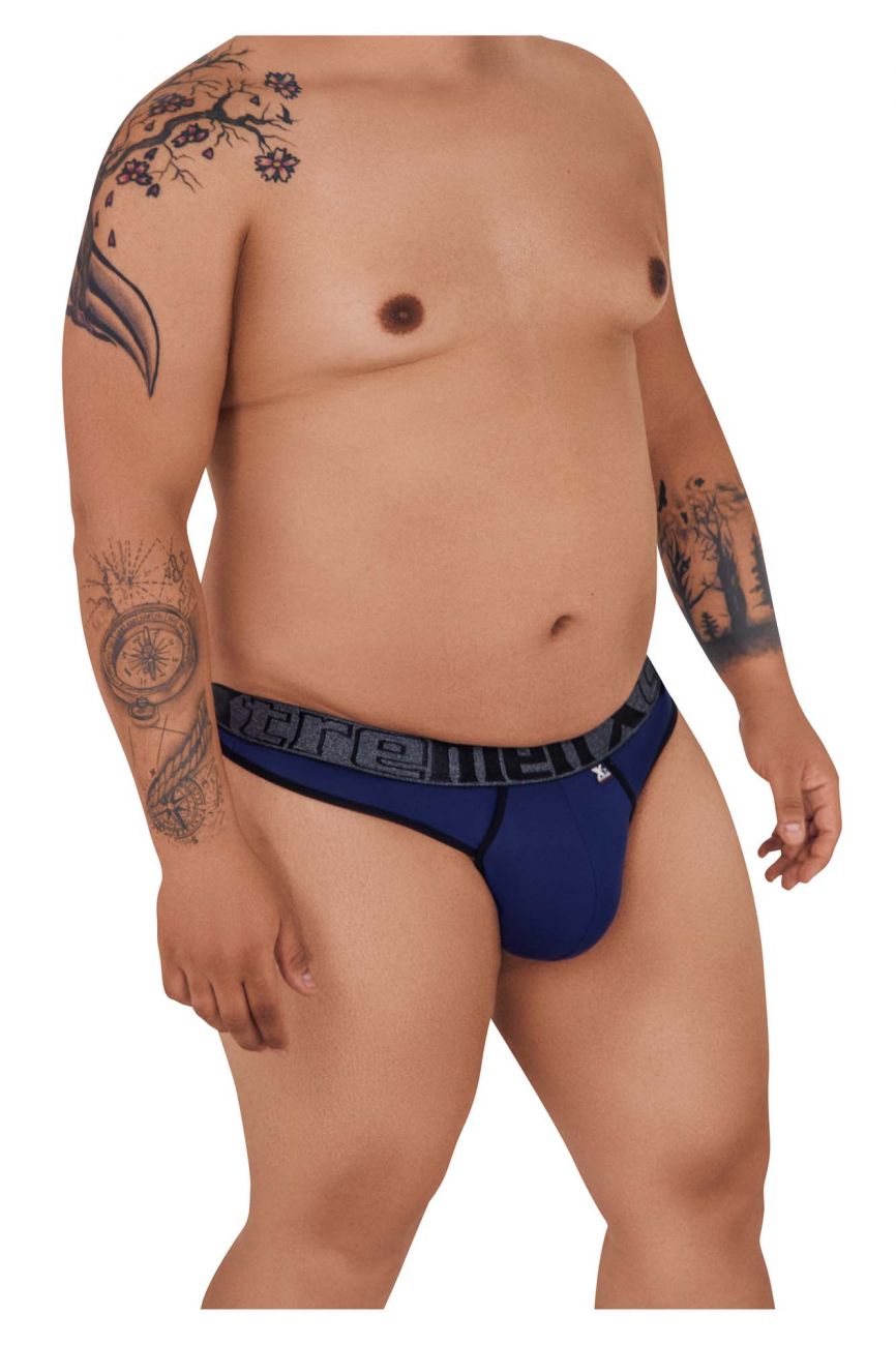 Blue xtremen 91101x microfiber thongs with black elastic waistband and white extreme branding in dark blue color