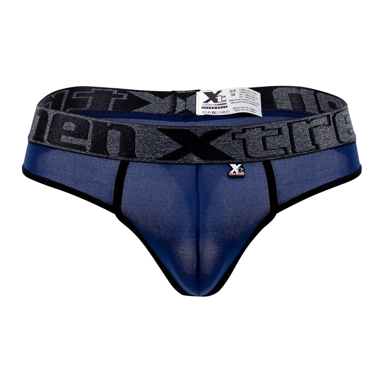 Blue mesh microfiber men’s briefs with gray elastic waistband and black xtreme lettering in xl size by xtremen