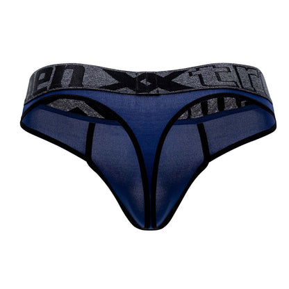 Blue microfiber mesh thong with gray and black Xtremen branded waistband in dark blue color