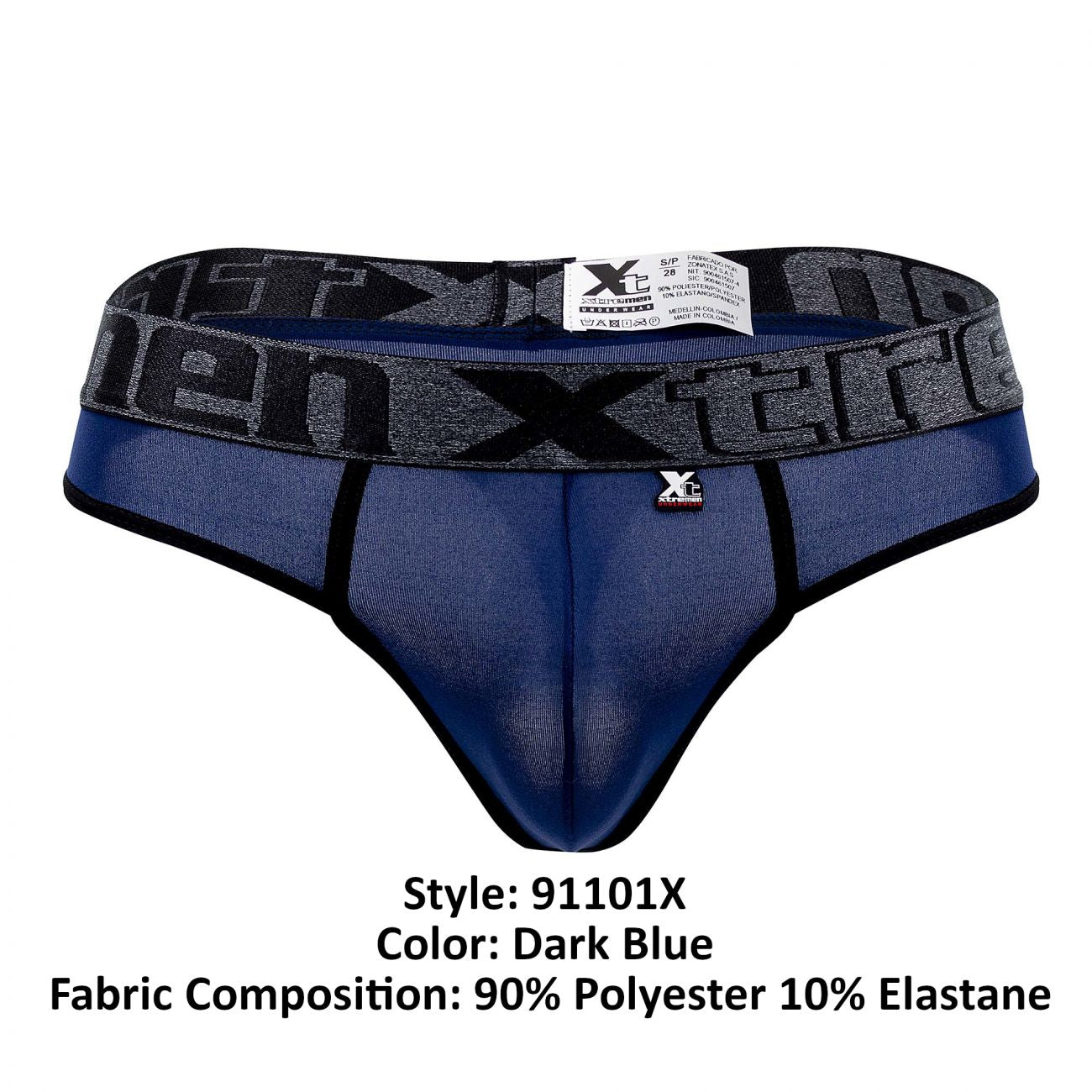 Dark blue xtremen 91101x microfiber men’s briefs with gray black patterned xtreme logo waistband made of polyester elastane