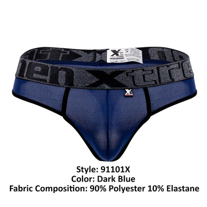 Dark blue xtremen 91101x microfiber men’s briefs with gray black patterned xtreme logo waistband made of polyester elastane