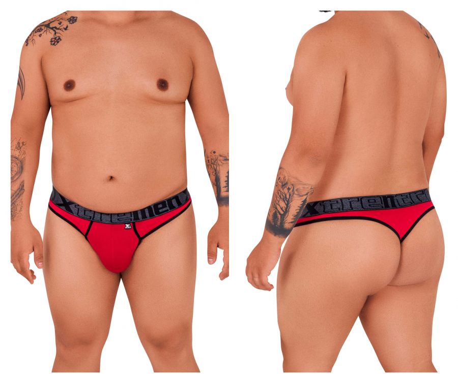 Red xtremen 91101x microfiber thong briefs with black trim and branded waistband showing front view