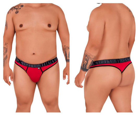 Red xtremen 91101x microfiber thong briefs with black trim and branded waistband showing front view